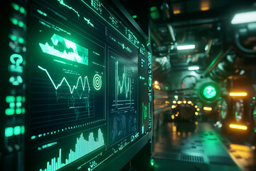 Fototapeta premium A digital display with plunging energy supply graphs and warning symbols, creating a visual representation of a global energy crisis. 