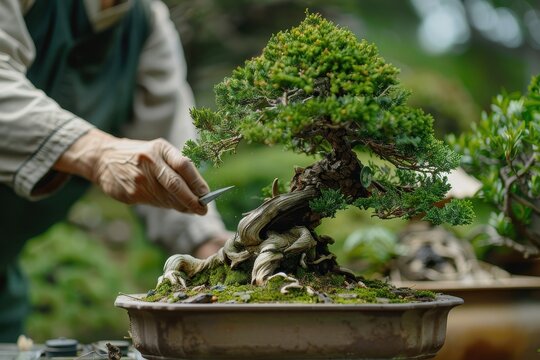Passionate gardener carefully pruning bonsai trees in a vibrant greenhouse during late afternoon hours