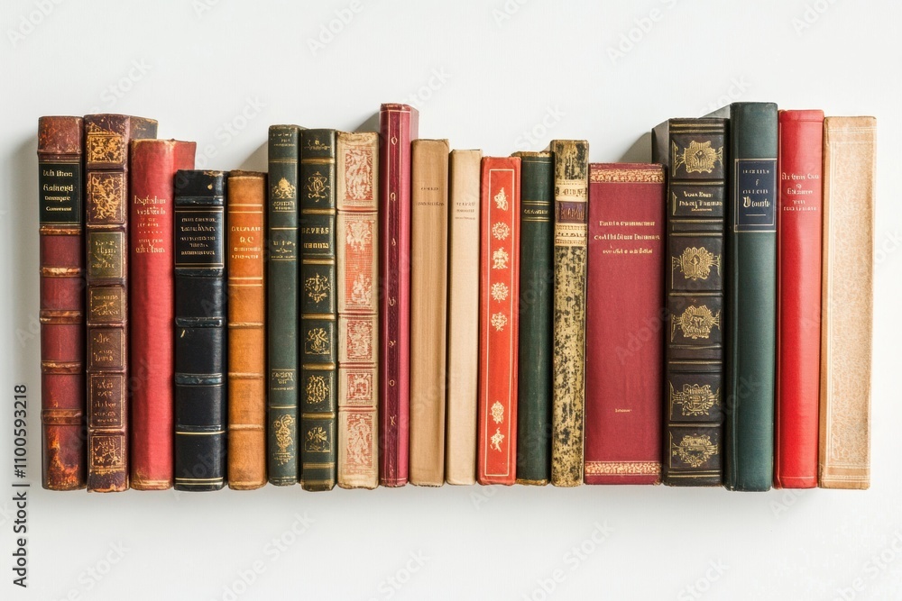 Aufkleber a colorful assortment of classic books is lined up on a clean white surface, showcasing different ge