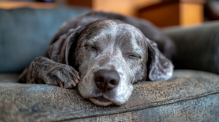A sleepy senior dog relaxes on a soft couch, enjoying a peaceful afternoon in a warm and inviting living room setting
