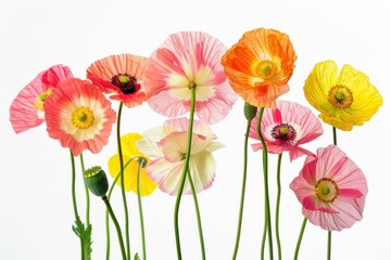 Obraz premium Beautiful and colorful poppy flowers arranged in a stunning display, showcasing their delicate petals and vibrant hues against a white background.