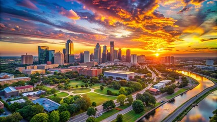 Breathtaking Aerial View of the Irving, Texas Skyline at Sunrise, Capturing the Vibrant Colors of Summer and the Urban Landscape in Stunning Detail