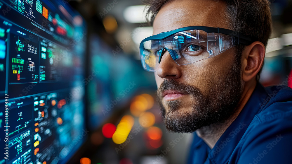 Poster a technical expert focused on data visualization uses augmented reality glasses while sitting in a h
