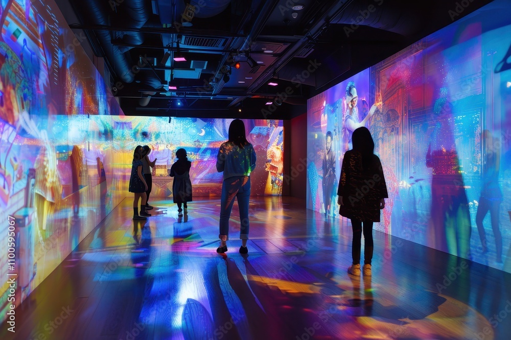 Poster interactive art exhibition featuring vibrant projections in a modern gallery space during the evenin