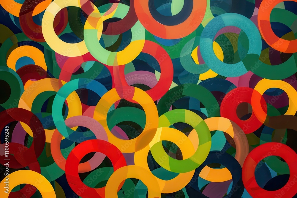 Poster Vibrant abstract artwork featuring overlapping circles in various colors displayed on a large canvas in a modern gallery setting