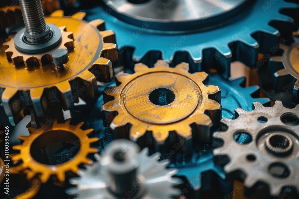 Leinwandbilder Metal gears arranged in intricate patterns showcasing mechanical engineering and industrial design principles in a workshop setting