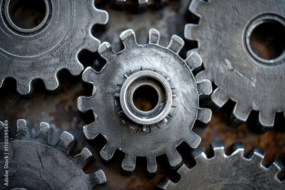 Leinwandbilder Metal gears arranged in intricate patterns showcasing mechanical engineering and industrial design principles in a workshop setting
