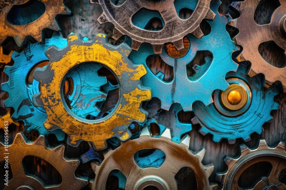 Leinwandbilder Metal gears arranged in intricate patterns showcasing mechanical engineering and industrial design principles in a workshop setting