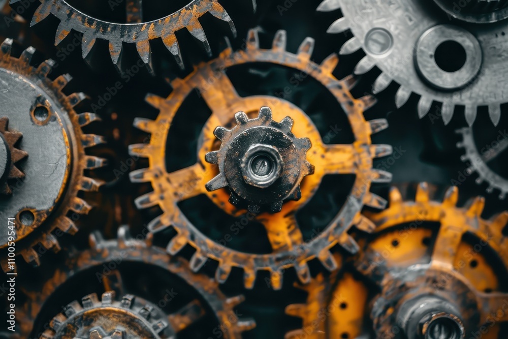 Leinwandbilder Metal gears arranged in intricate patterns showcasing mechanical engineering and industrial design principles in a workshop setting