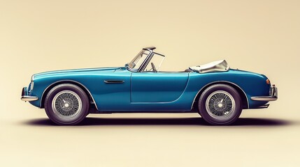 A classic blue convertible on a solid beige background, highlighting its vintage design and open top