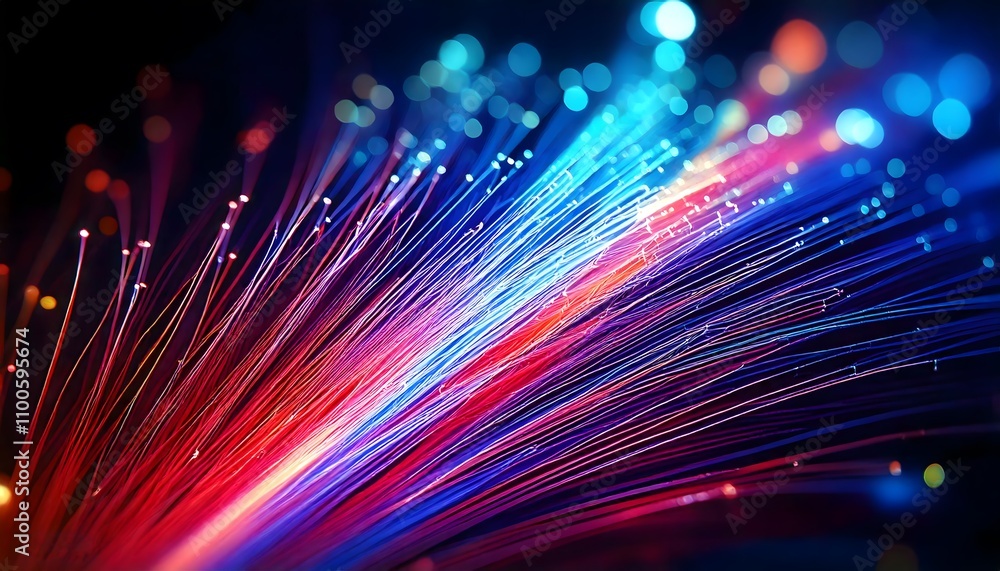 Poster vibrant fiber optic lights in dynamic motion, showcasing a spectrum of colors and abstract patterns.