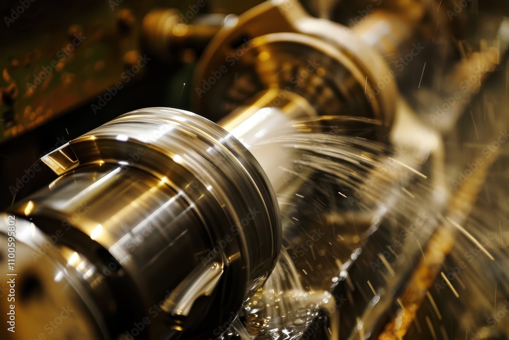 Leinwandbilder Precision machining process in a workshop showcasing metalworking skills near a lathe with coolant splashing around