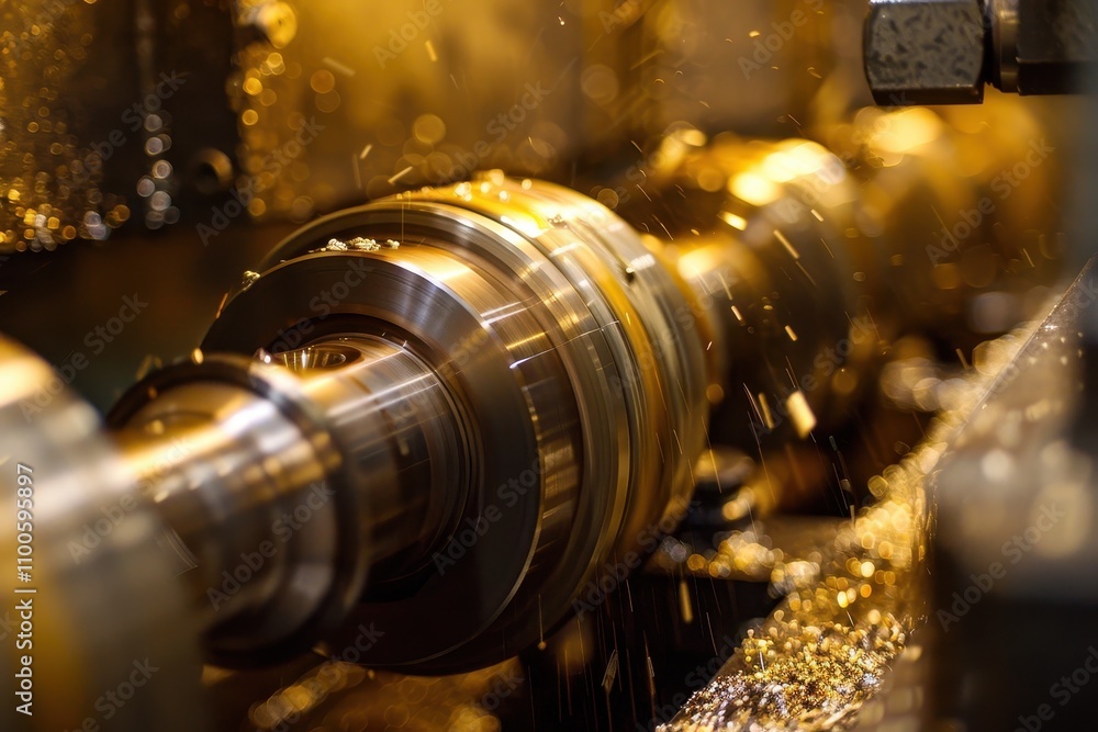 Poster Precision machining process in a workshop showcasing metalworking skills near a lathe with coolant splashing around