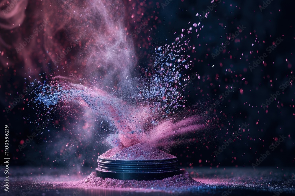 Poster Cosmetic powder bursting from container with shimmering particles in a dark setting creating a dramatic effect