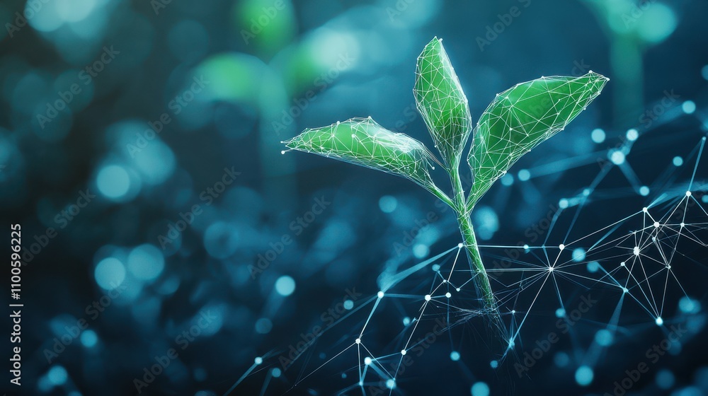 Poster plant sprout isolated on a blue geometric background with wireframed light connection structures. th