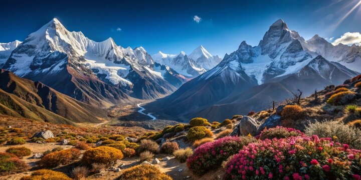 Breathtaking View of Snow-Covered Peaks of Mt Ama Dablam, Cholatse, Taboche, and Tobuche in a Stunning Landscape with High Depth of Field and Clear Blue Sky