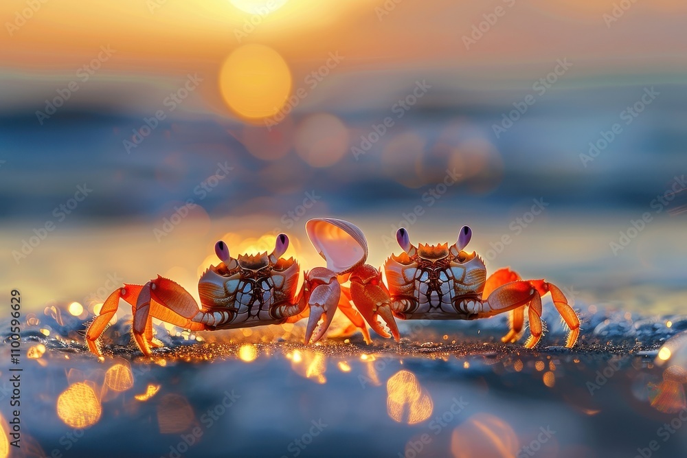 Poster colorful crabs walking on the beach at sunset with sparkling waves in the background