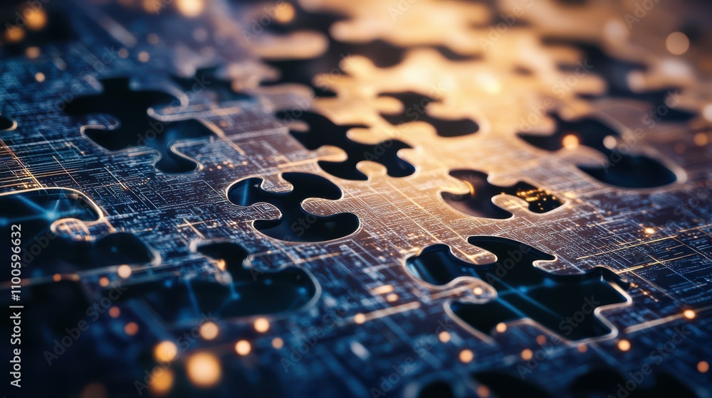 Poster puzzle pieces connected in a digital network, illustrating concepts like connectivity, problem-solvi