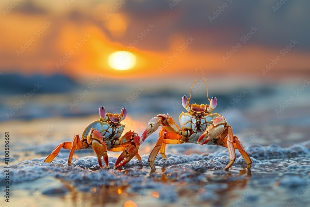 Poster colorful crabs walking on the beach at sunset with sparkling waves in the background
