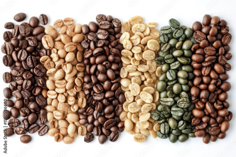 Poster various types of coffee beans are arranged neatly on a white background, providing an ideal space fo