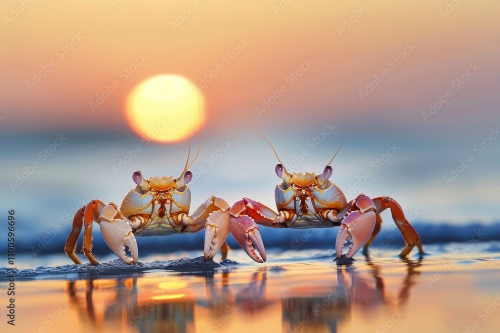 Poster colorful crabs walking on the beach at sunset with sparkling waves in the background