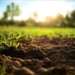 realistic photo of low angle dirt in foreground awith nature grass in backgound