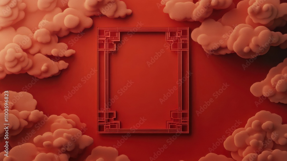 Poster red asian design background, with square frame and clouds on pattern. lunar new year template with c