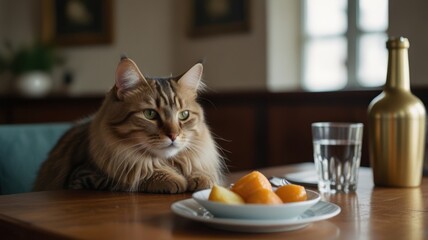 Fluffy cat sitting at a table with fruit.