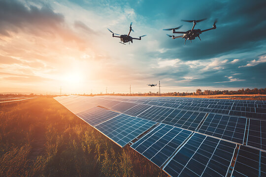 A futuristic solar farm under surveillance with drones flying overhead, symbolizing the security of renewable energy sources during global tensions.
