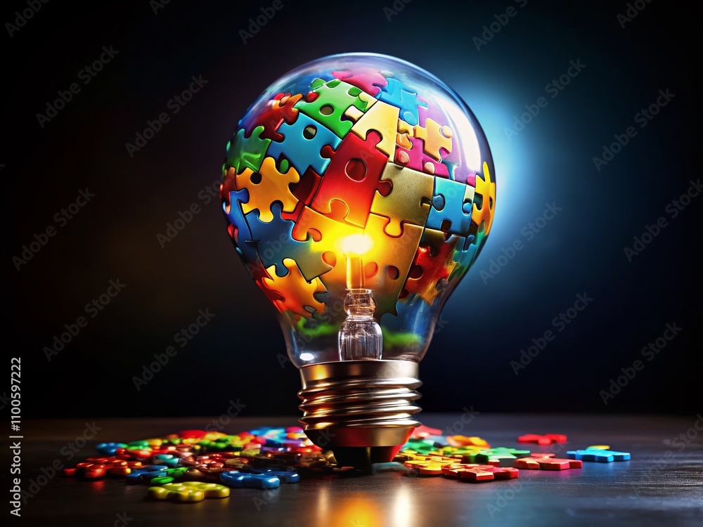 Poster bright light bulb filled with colorful puzzle pieces symbolizing innovative problem solving and crea
