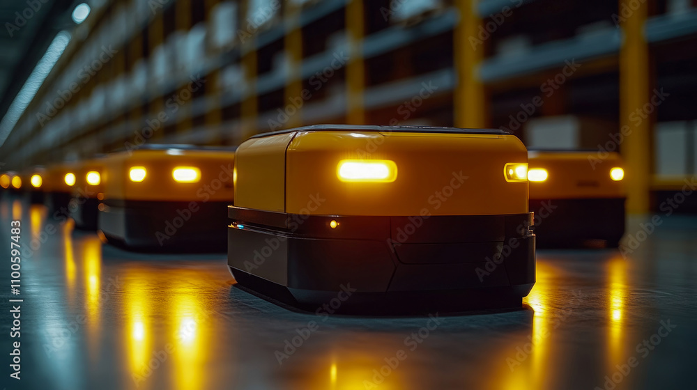 Poster rows of yellow autonomous robots navigate a dimly lit warehouse, efficiently transporting items to d