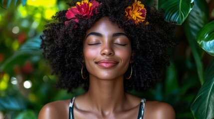 A young woman with curly hair adorned with flowers relaxes with closed eyes, surrounded by lush greenery in a tropical garden under bright sunlight