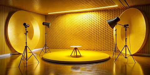 Bright Yellow Studio Setup with Circular Platform and Geometric Textured Wall Perfect for Night Photography, Showcasing Unique Lighting and Vibrant Background for Creative Projects
