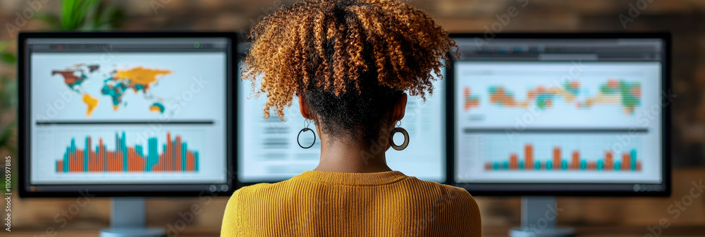 Poster a person works intently at a desk with two monitors showcasing colorful data visualizations, maps, a