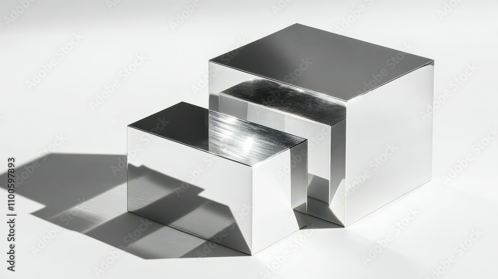 Poster silver mirrored blocks with contrasting shadows and caustics. simple square shapes over white backgr