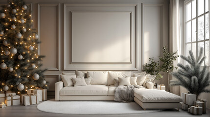 Aesthetic room interior design with Merry Christmas elements. Wall with New Year decoration in the apartment. Holiday tree in the room.