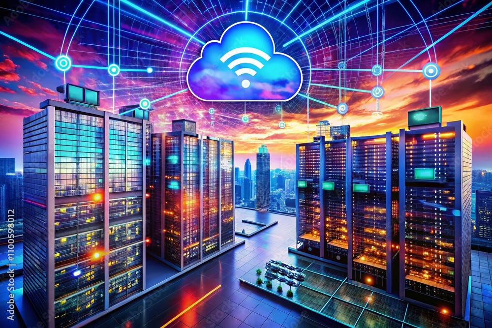 Poster business data cloud storage solutions: modern network icons for enhanced security, access, and admin