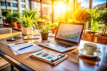 Fototapeta premium Business Documents on Office Desk with Laptop and Smartphone Illuminated by Morning Light, Featuring Graphs and Diagrams to Illustrate Professional Productivity and Workflow Efficiency