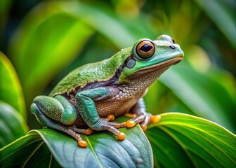 Fototapeta premium Candid Capture of a Copes Gray Tree Frog in Its Natural Habitat, Showcasing Its Unique Colors and Texture, Surrounded by Lush Greenery and Natural Elements of the Forest Floor