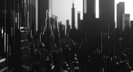 Black and white cityscape with financial graph overlay, showcasing urban skyline and market trends. Business and finance concept visualized through data.