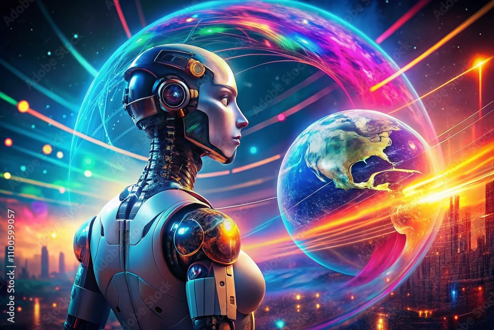 Aufkleber candid photography of an ai robot surrounded by flowing data in a holographic world, exploring the d