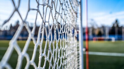 A lacrosse goal with a focus on the netting and frame, outdoor setting on a lacrosse field, Dynamic style