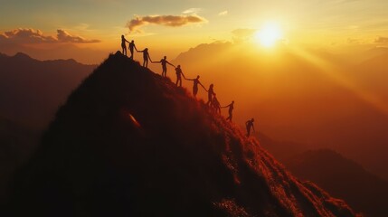 Team of people holding hands and assisting each other to reach the mountain top as the sun sets over the mountains.