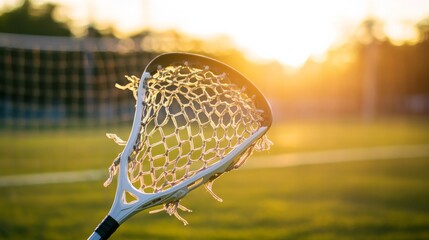 A lacrosse stick with a focus on the netting and handle, outdoor setting with bright afternoon light, Dynamic style