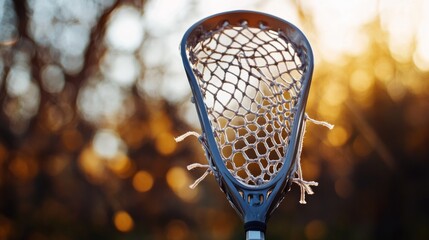 A lacrosse stick with a focus on the netting and handle, outdoor setting with bright afternoon light, Dynamic style