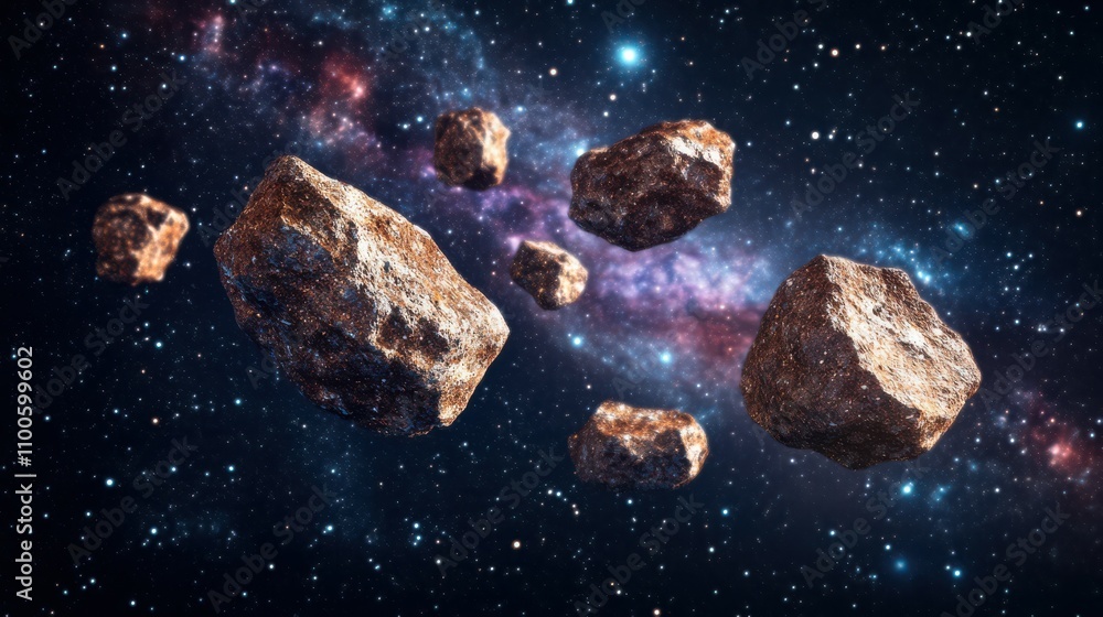 Poster the meteor asteroids stones floating in outer space on background with a galaxy in the background.