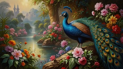 Fototapeta premium Majestic peacock amidst vibrant flowers and a serene landscape, near a waterfall and castle.