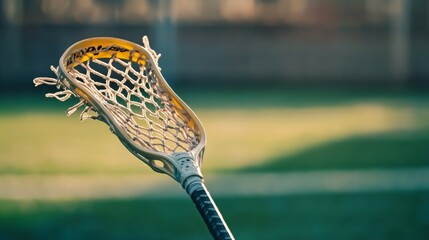 A lacrosse stick with a focus on the netting and shaft, outdoor setting on a field, Sharp style
