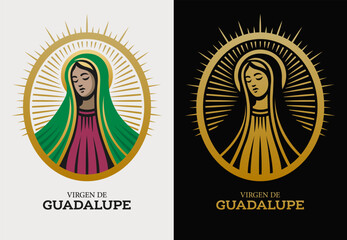 Virgin of Guadalupe, catholic Mexican holy mother saint stylized illustration oval design 