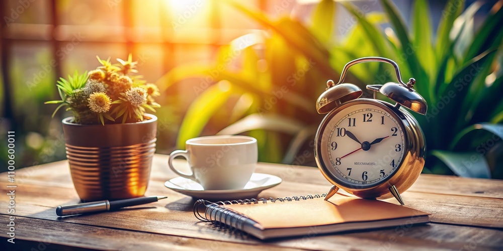 Poster Candid Shot of an Alarm Clock and Notebook on a Cozy Desk with Soft Morning Light, Perfect for Capturing the Essence of Time Management and Productivity in a Home Office Setting
